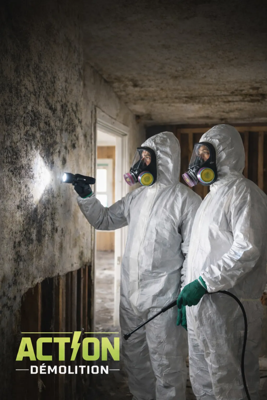 Spécialiste en décontamination de moisissures inspectant un sous-sol à Montréal